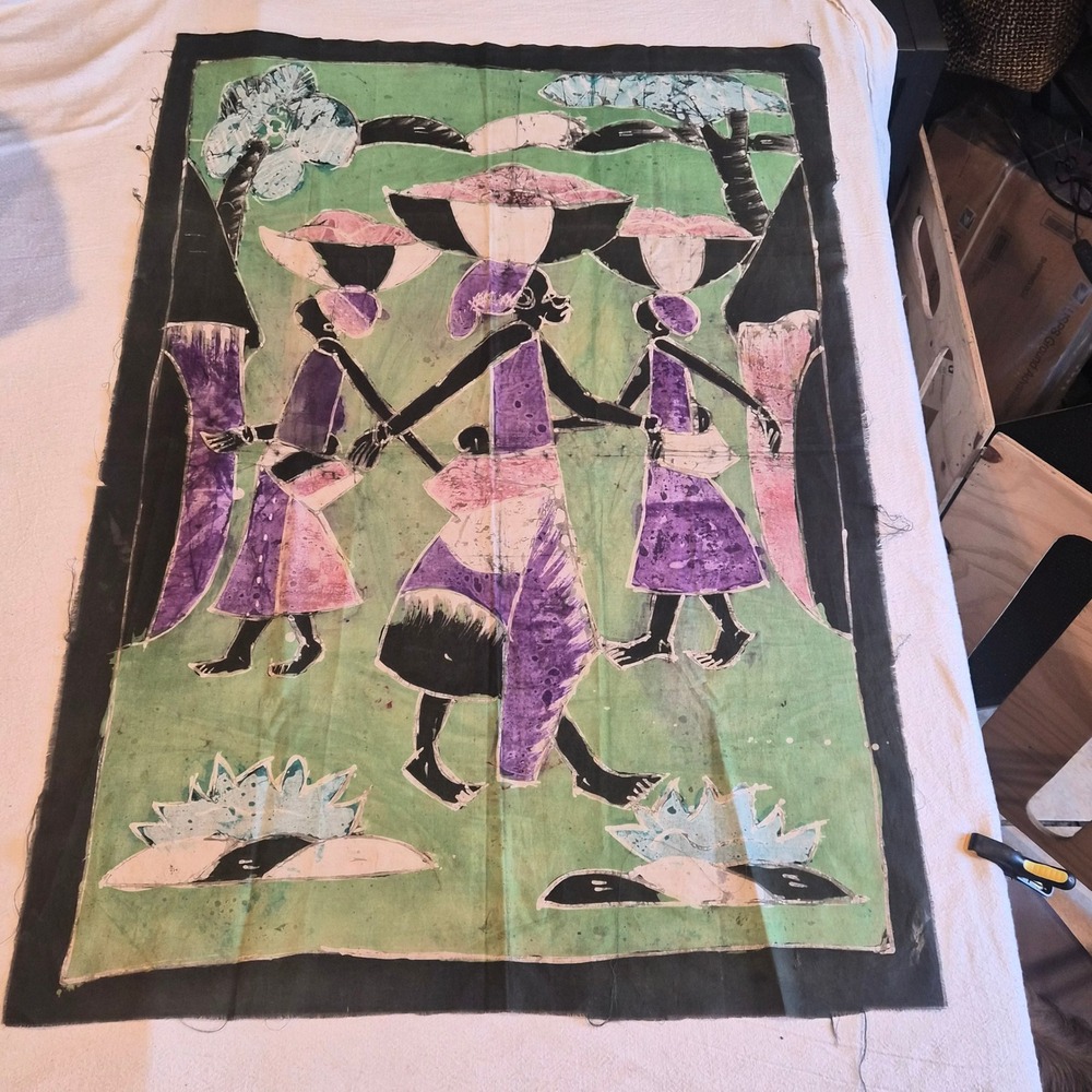 Vintage African Batik Wall Hanging Fabric Art Women Village Scene Green Purple